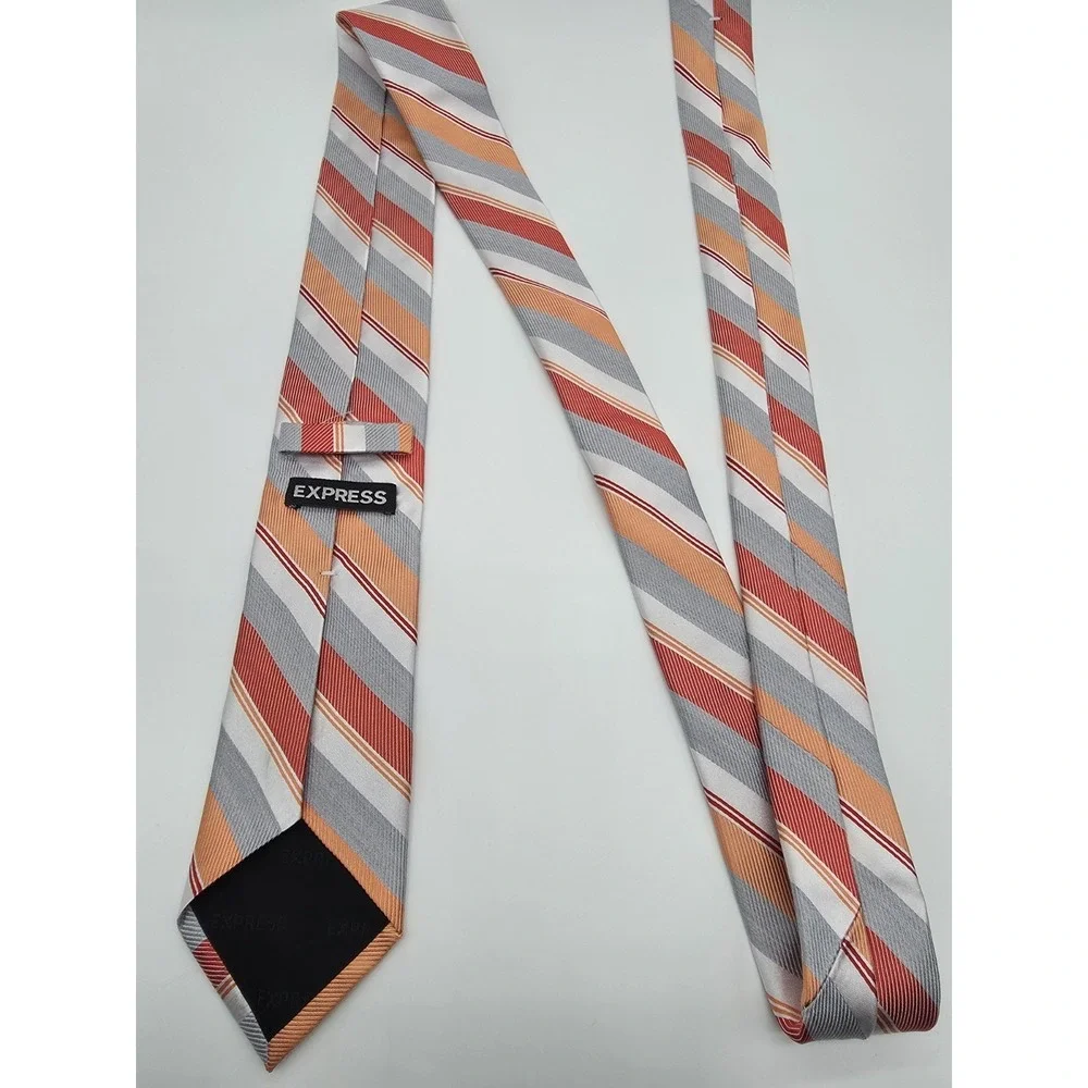 Express Orange Red Silver White Striped Necktie Silk Tie 58